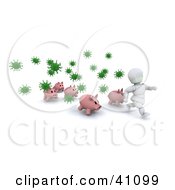 White Character And Pigs Running From Green Virus Bacteria