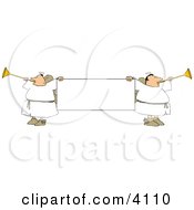 Male Angels Blowing Through Horns And Holding A Blank Sign Clipart
