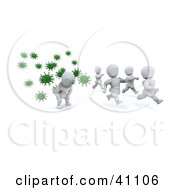 Poster, Art Print Of White Character Falling Behind A Group Running From Green Virus Bacteria