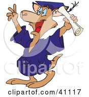 Clipart Illustration Of A Successful Kangaroo Graduate In A Cap And Gown Holding Up His Diploma by Dennis Holmes Designs