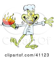 Leggy Green Frog Chef Holding A Flaming Pan While Cooking