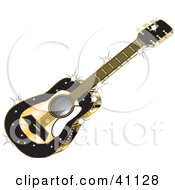 Clipart Illustration Of A Shiny And Sparkly Black And Gold Guitar by Dennis Holmes Designs