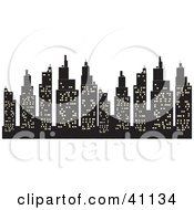 Poster, Art Print Of Silhouetted Skyscrapers Skyline With City Lights