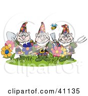 Bee Flying Over Three Garden Gnomes Guarding Flowers