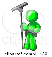 Lime Green Man Window Cleaner Standing With A Squeegee