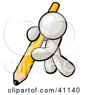 Clipart Illustration Of A White Man Using All Of His Strength To Hold Up And Write With A Giant Yellow Pencil