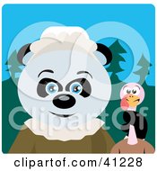 Poster, Art Print Of Giant Panda Pilgrim Bear Character Holding A Thanksgiving Turkey