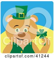 Clipart Illustration Of A Brown Bear Leprechaun Character Holding A Clover by Dennis Holmes Designs