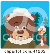 Poster, Art Print Of Brown Bear Pilgrim Character Holding A Turkey