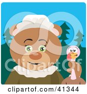 Clipart Illustration Of A Teddy Bear Pilgrim Character Holding A Thanksgiving Turkey by Dennis Holmes Designs
