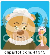Poster, Art Print Of Pilgrim Bear Character Holding A Thanksgiving Turkey