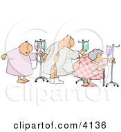 Ill Male And Female Patients Hooked Up To IVs And Walking Around In A Hospital Clipart