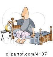 Man Setting His Alarm Clock Before Going To Sleep In His Bedroom Clipart
