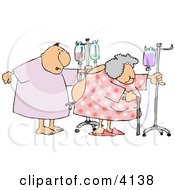 Hospitalized Elderly Couple Walking With Iv Drip Lines In A Hospital