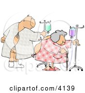 Hospitalized Man And Woman Walking With An IV Drip Clipart