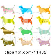 Clipart Illustration Of Twelve Basset Hound Dog Profiles With Colorful Patterns