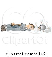 Male Bowler Sliding With His Bowling Ball Down The Lane And Into The Pins Clipart
