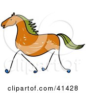 Poster, Art Print Of Sketched Brown Galloping Horse With Green Hair