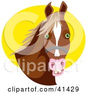 Clipart Illustration Of A Bridled Brown Horse With Green Eyes Against A Yellow Circle by Prawny