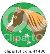 Poster, Art Print Of Profiled Brown Horse Over A Green Floral Circle