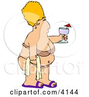 Obese Woman Wearing A Swimsuit Holding A Towel And Alcoholic Beverage
