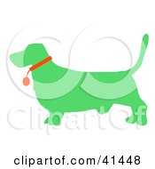 Clipart Illustration Of A Green Profiled Basset Hound Dog Wearing A Red Collar