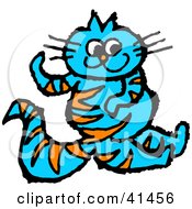 Clipart Illustration Of An Orange Striped Blue Cat Swinging Its Arms