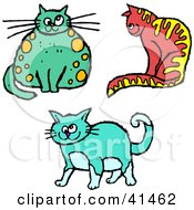 Clipart Illustration Of A Chubby Green Cat Yellow Striped Red Cat And Cross Eyed Blue Cat