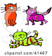 Clipart Illustration Of A Red Cat Purple Cat With Green Spots And Red Striped Green Cat