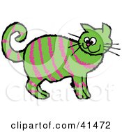 Clipart Illustration Of A Pink Striped Green Cat Looking Back