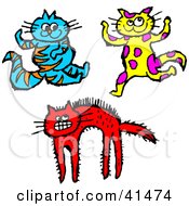 Happy Blue Cat Dancing Yellow Cat And Scared Red Cat