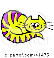 Clipart Illustration Of A Purple Striped Yellow Cat Resting