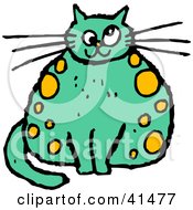 Poster, Art Print Of Chubby Yellow Spotted Green Cat With Crossed Eyes