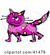 Clipart Illustration Of A Happy Green Spotted Purple Cat