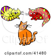 Poster, Art Print Of Grinning Orange Cat Purple Striped Yellow Cat And Yellow Spotted Red Cat