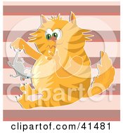 Poster, Art Print Of Chubby Orange Cat Holding Up A Mouse And Pondering On Whether Or Not To Eat It