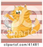 Clipart Illustration Of A Chubby Orange Cat Holding Up A Mouse And Pondering On Whether Or Not To Eat It