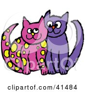 Clipart Illustration Of A Yellow Spotted Pink Cat Cuddling With A Purple Cat