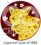 Poster, Art Print Of Happy Leopard Over A Maroon Circle With White Flowers