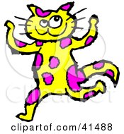 Clipart Illustration Of A Purple Spotted Yellow Cat Dancing