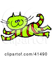 Poster, Art Print Of Happy Running Red Striped Green Cat