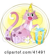 Poster, Art Print Of Birthday Cat Resting Its Paw On A Gift And Wearing A Party Hat