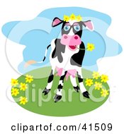 Poster, Art Print Of Happy Black And White Dairy Cow Grazing On Flowers On A Hill