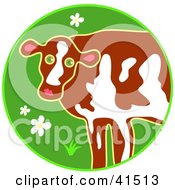 Poster, Art Print Of Brown And White Cow Standing In A Green Field With Flowers