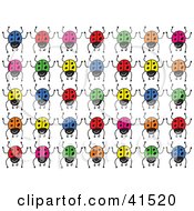 Poster, Art Print Of Rows Of Colorful Blue Red Yellow Orange And Green Ladybugs