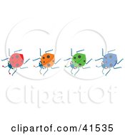 Poster, Art Print Of Row Of Four Red Orange Green And Blue Ladybugs