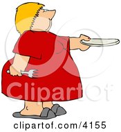 Obese Woman Holding A Fork And Plate And Asking For Seconds More Food