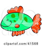 Poster, Art Print Of Happy Green Fish With Red Fins