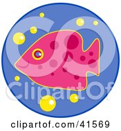 Poster, Art Print Of Pink Fish With Yellow Bubbles In Blue Water