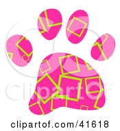 Pink And Green Square Patterned Paw Print
